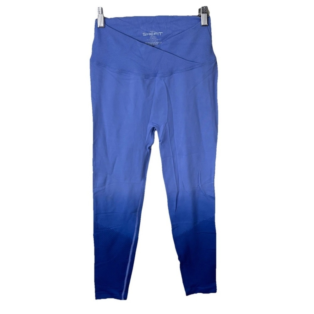 SheFit Crossover Waist Cutout High Rise Leggings Blue Ombré Women’s Size Medium